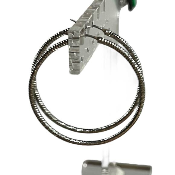 Vintage Silver-Tone Large Hoop Earrings – Textured Pierced Hoops - Picture 8 of 10